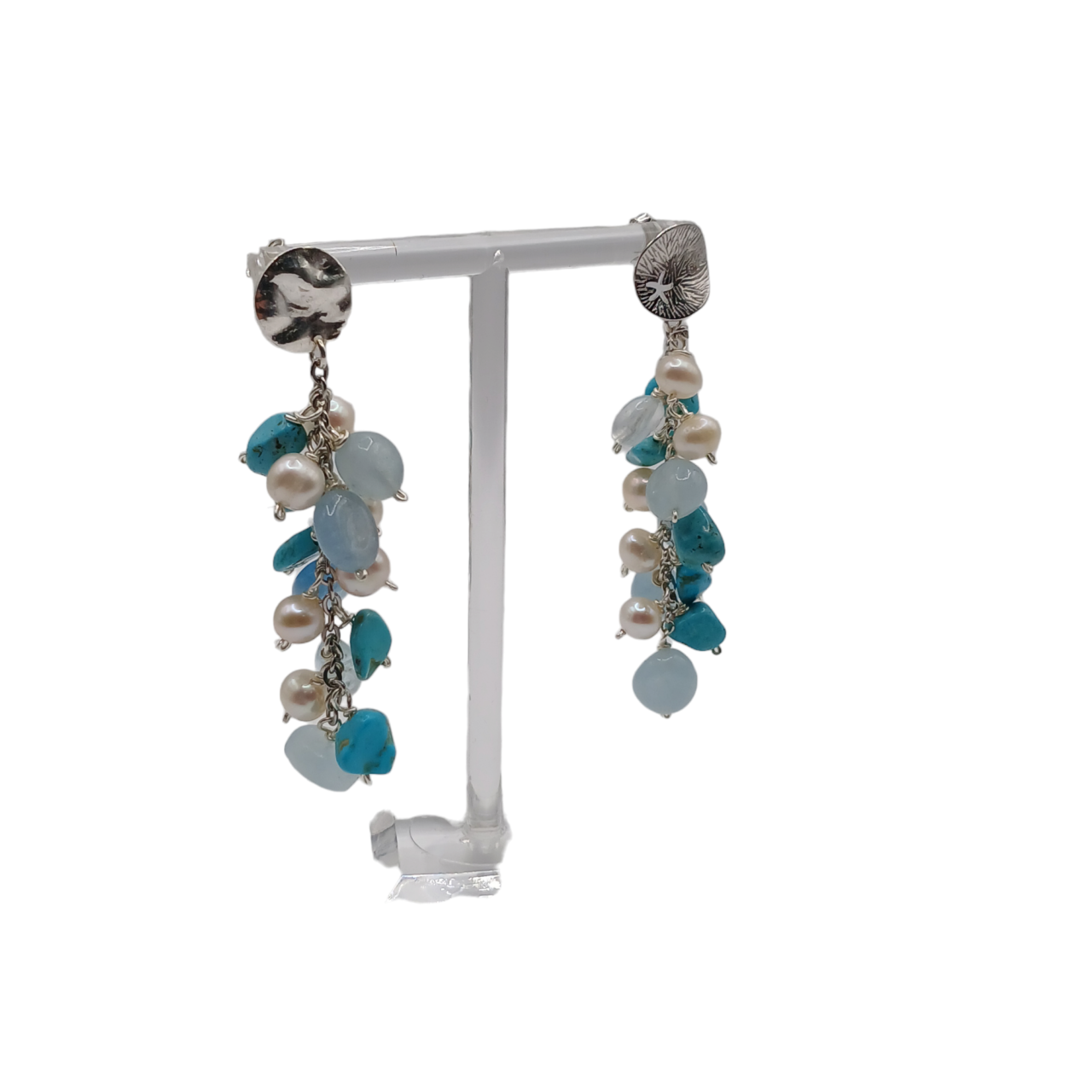 Orecchini a grappolo con le pietre naturali e perle d'acqua dolce in argento 925-modello Medea
