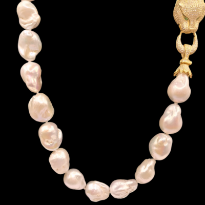 Collana con Perle di Acqua Dolce Barocche Bianche, pantera argento 925-Modello Pantera Gold - immagine 3