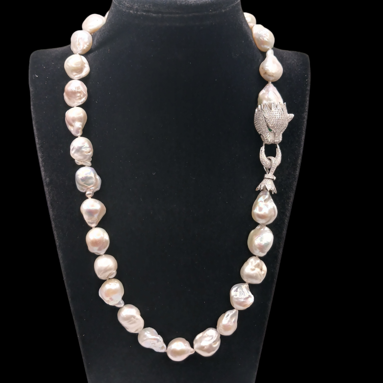 Collana con Perle di Acqua Dolce Barocche Bianche, pantera argento 925-Modello Pantera argento