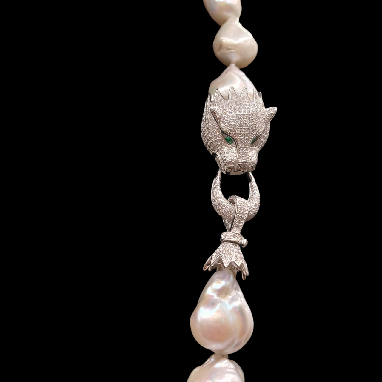 Collana con Perle di Acqua Dolce Barocche Bianche, pantera argento 925-Modello Pantera argento