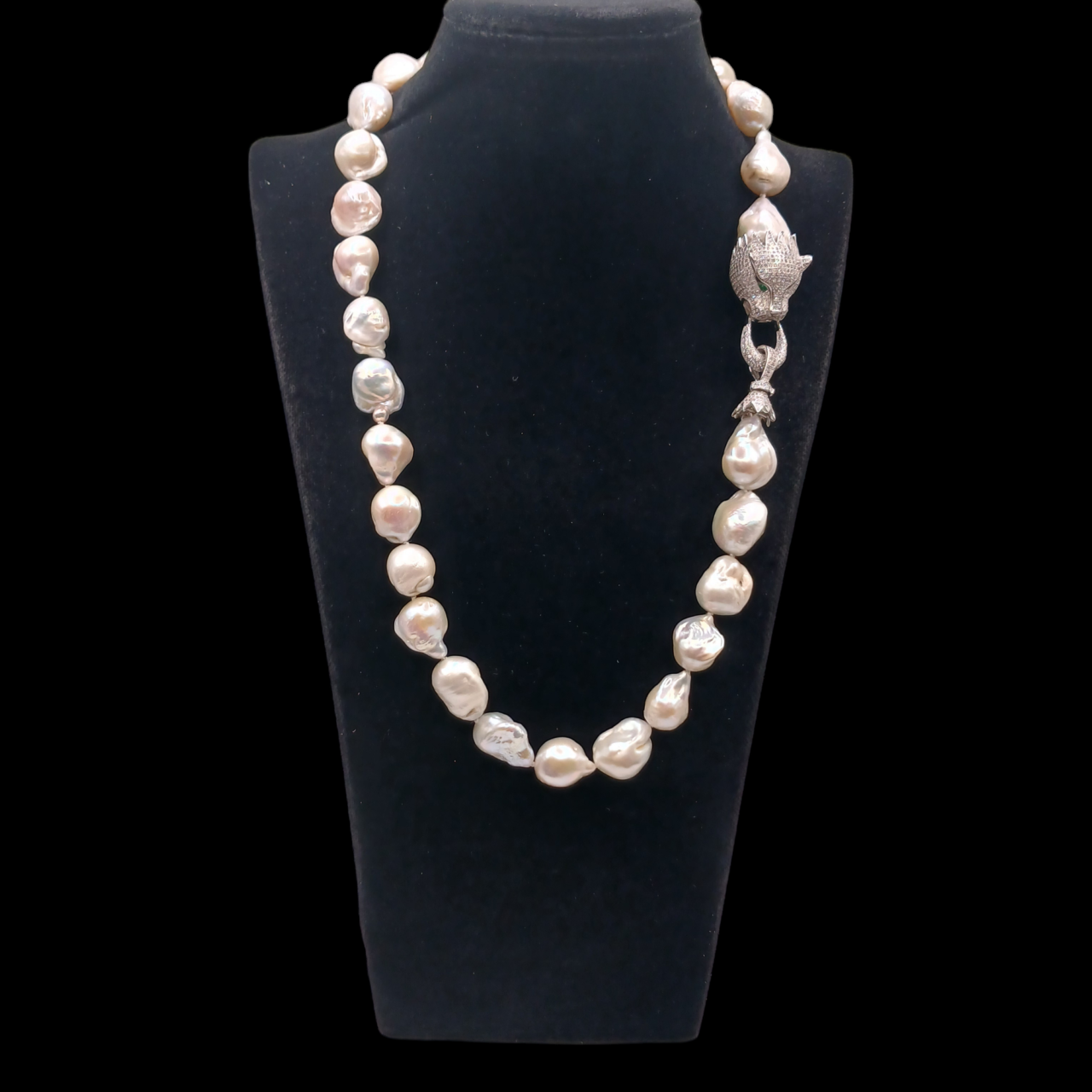 Collana con Perle di Acqua Dolce Barocche Bianche, pantera argento 925-Modello Pantera argento