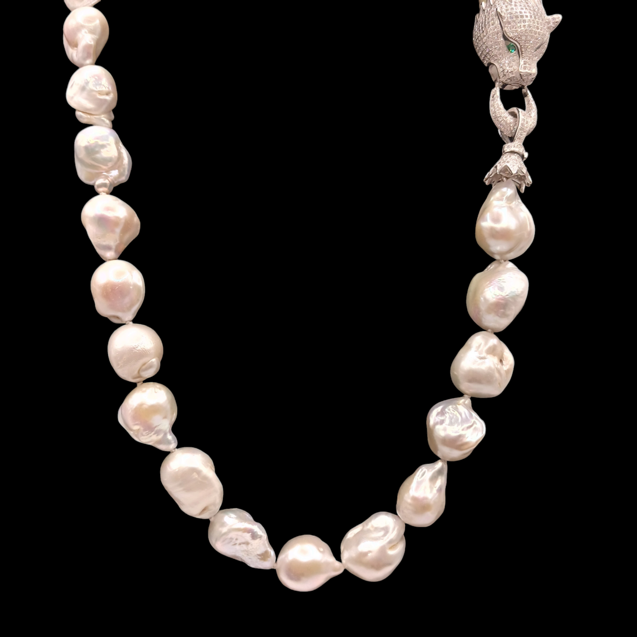 Collana con Perle di Acqua Dolce Barocche Bianche, pantera argento 925-Modello Pantera argento