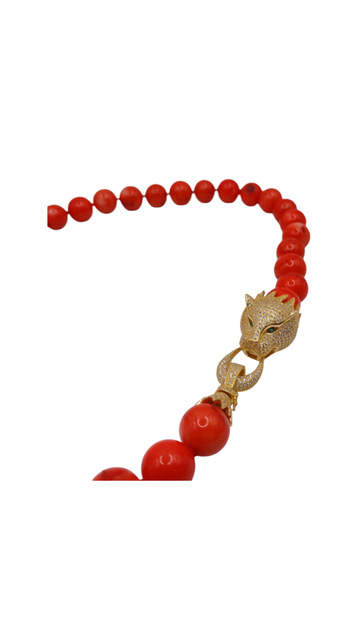 Collana con corallo Bambù e pantera in argento 925-modello Pantera