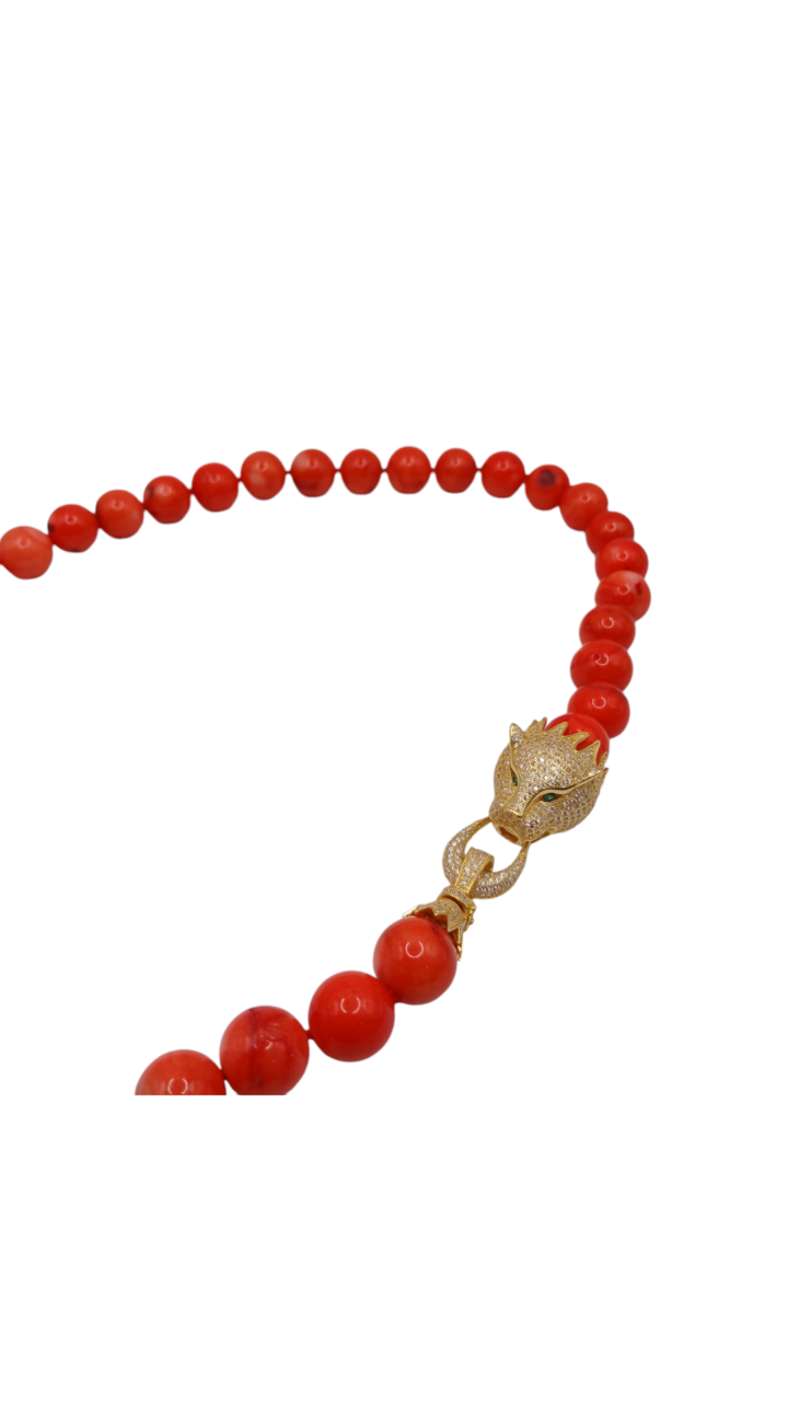 Collana con corallo Bambù e pantera in argento 925-modello Pantera
