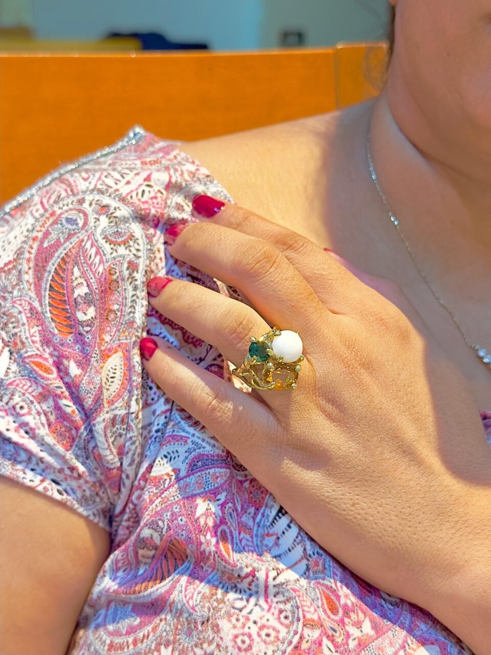 Anello di Corallo Rosa e Pietre Preziose su argento 925-Modello Taylor