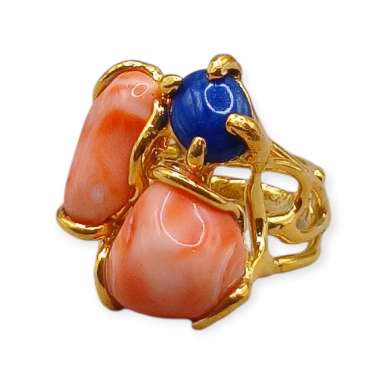 Anello di Corallo arancione e Pietre Preziose su argento 925-Modello Orchidea