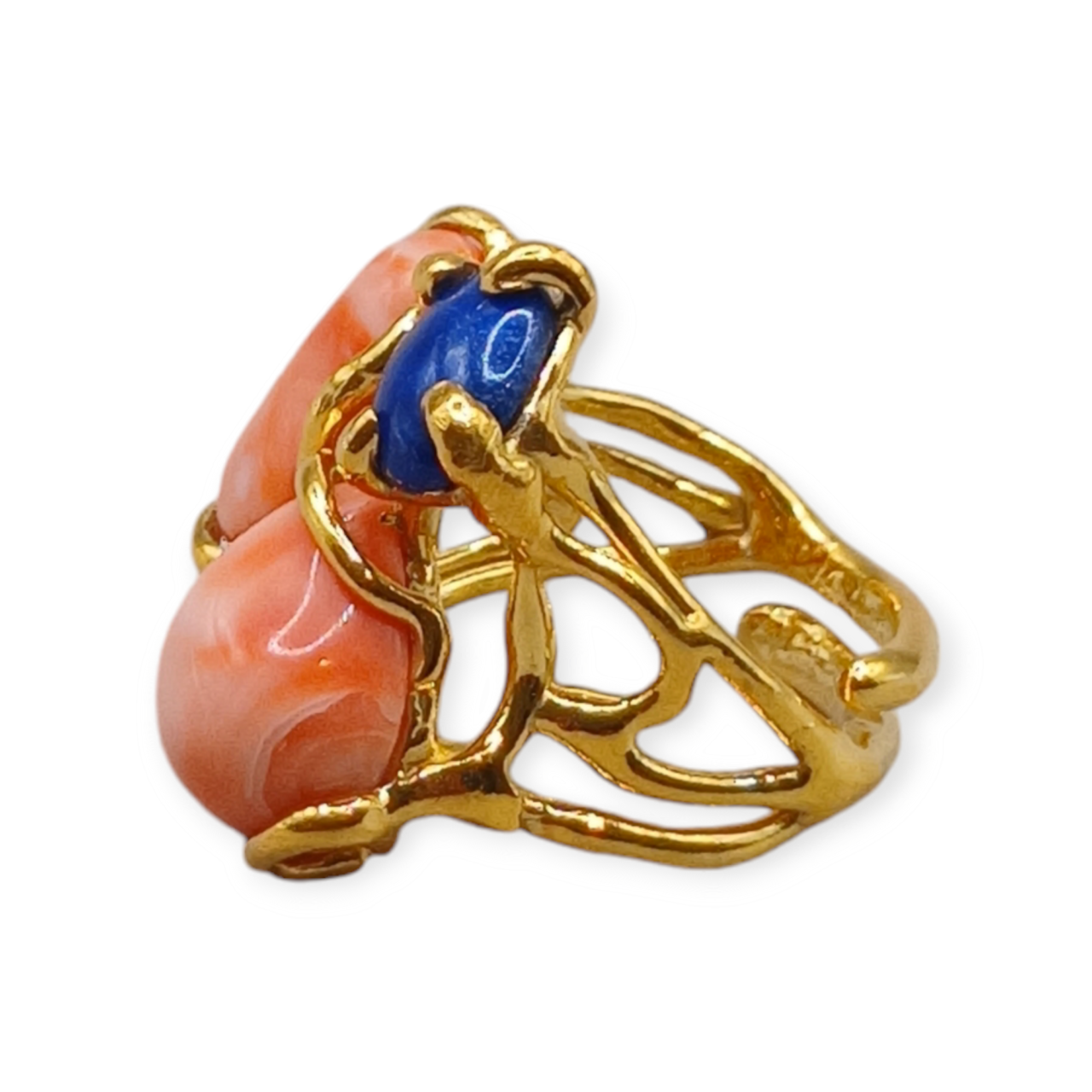 Anello di Corallo arancione e Pietre Preziose su argento 925-Modello Orchidea