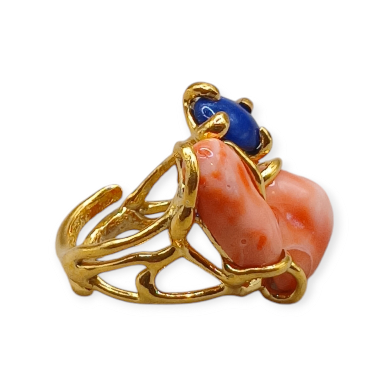 Anello di Corallo arancione e Pietre Preziose su argento 925-Modello Orchidea