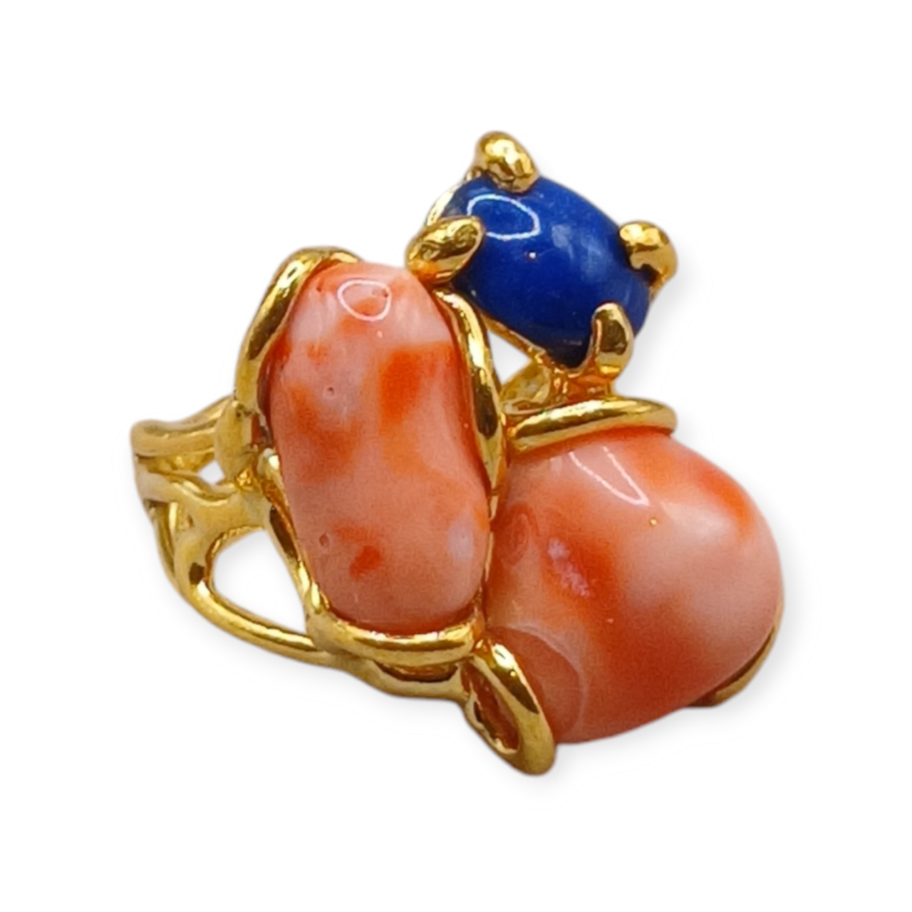 Anello di Corallo arancione e Pietre Preziose su argento 925-Modello Orchidea