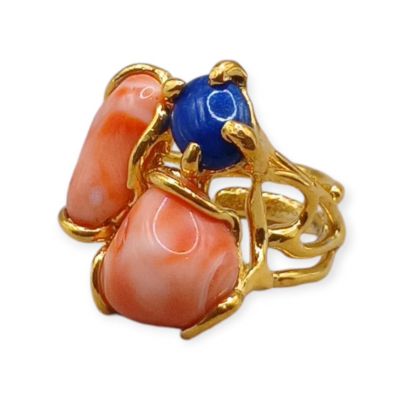 Anello di Corallo arancione e Pietre Preziose su argento 925-Modello Orchidea