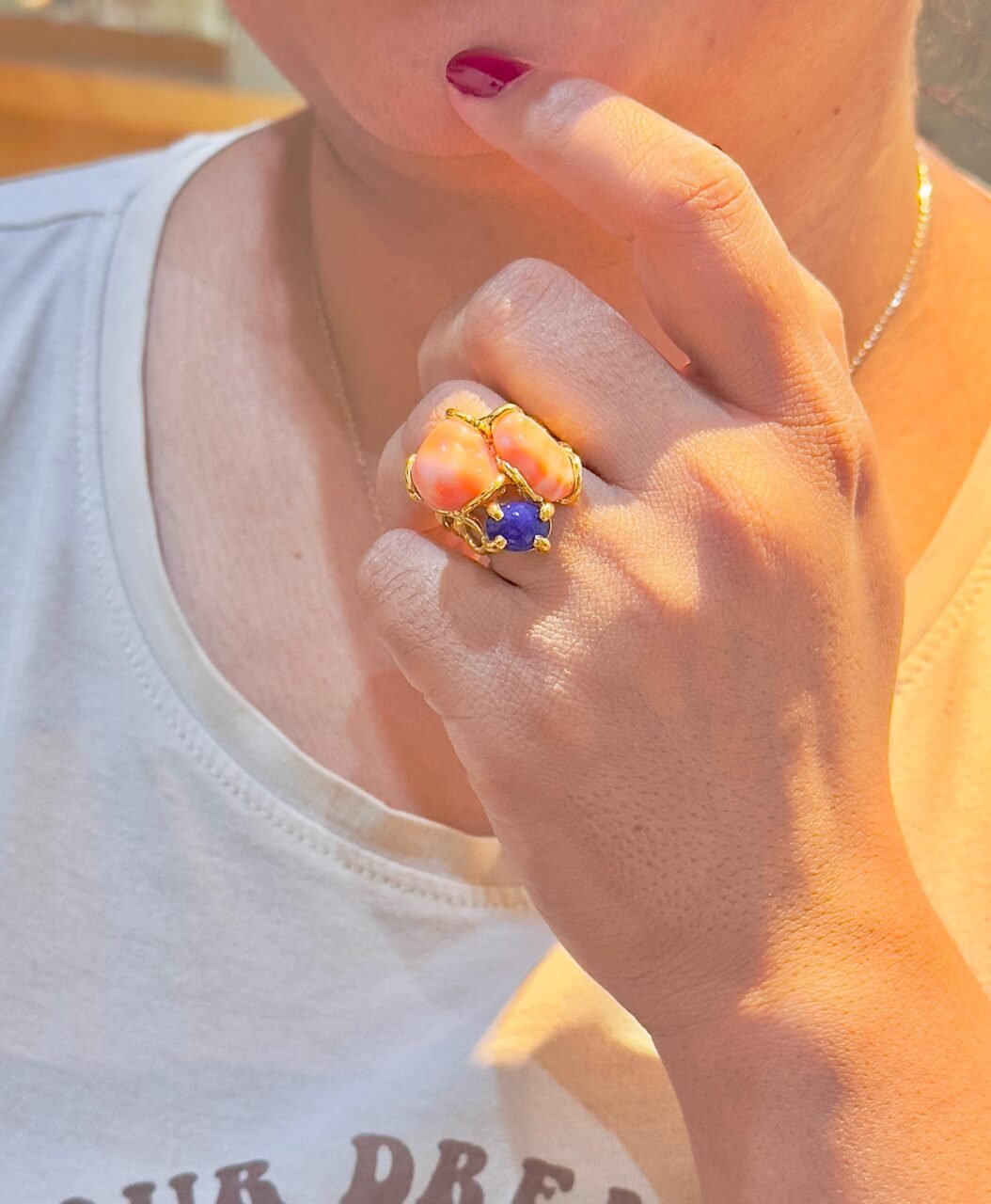Anello di Corallo arancione e Pietre Preziose su argento 925-Modello Orchidea