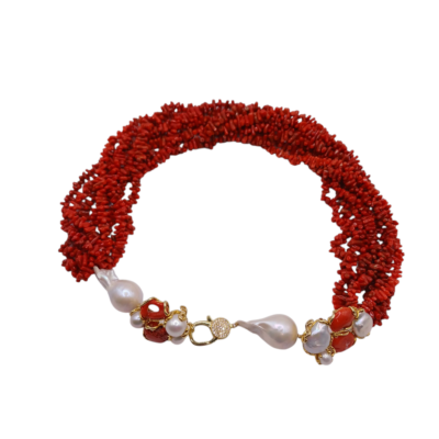 Collana con Perle di Acqua Dolce Barocche e Corallo-Modello Sole - immagine 2