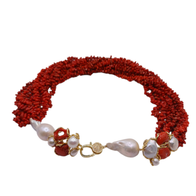 Collana con Perle di Acqua Dolce Barocche e Corallo-Modello Sole