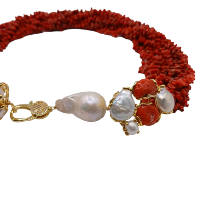 Collana con Perle di Acqua Dolce Barocche e Corallo-Modello Sole - immagine 4