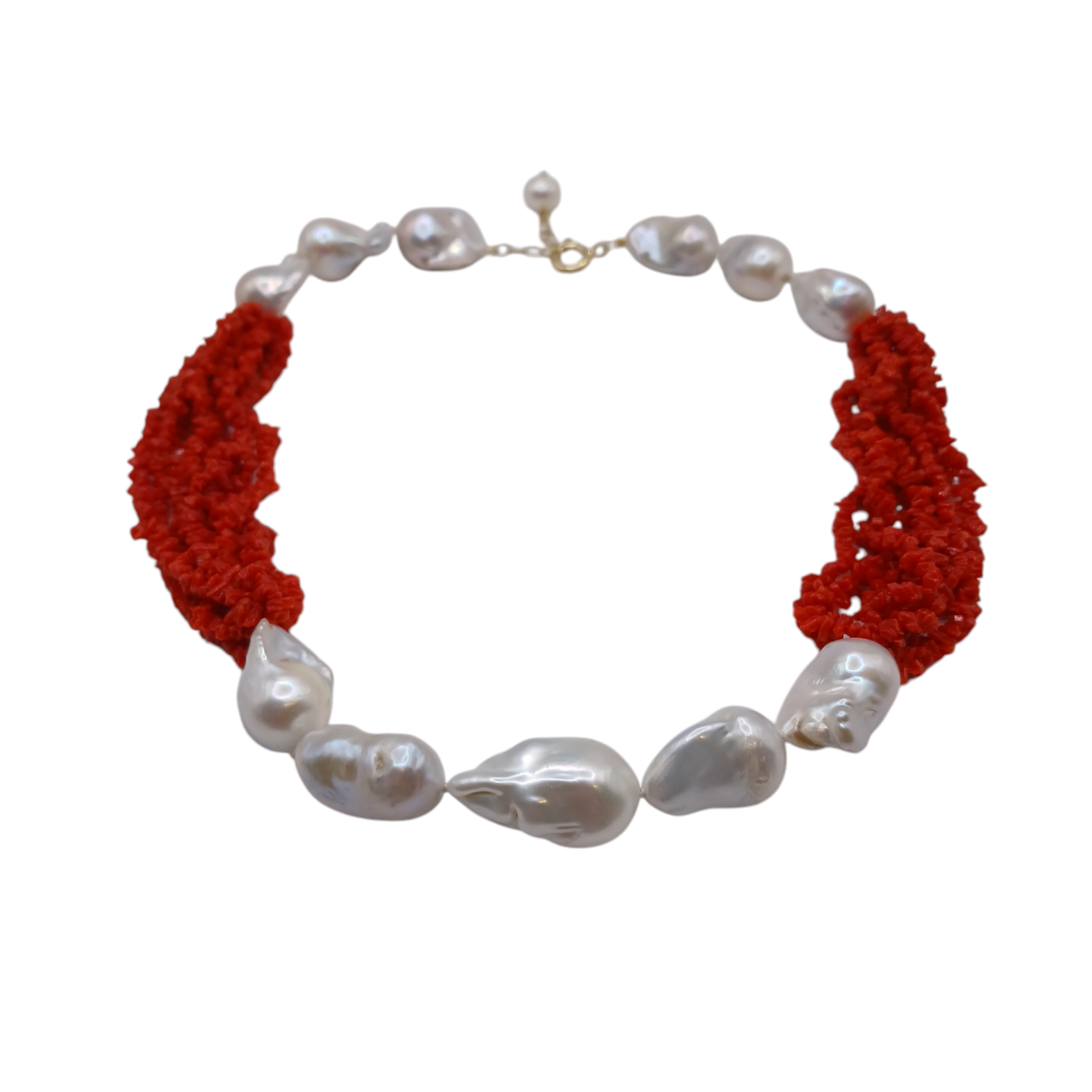 Collana con Perle di Acqua Dolce Barocche Bianche e Corallo-Modello Yelina