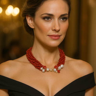 Collana con Perle di Acqua Dolce Barocche e Corallo-Modello Luna