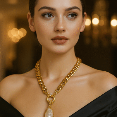 Collana a maglie larghe con perla scaramazza bianca pendente-modello Matilde