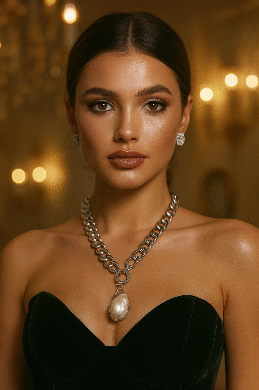 Collana a maglie larghe con perla scaramazza bianca pendente-modello Matilde