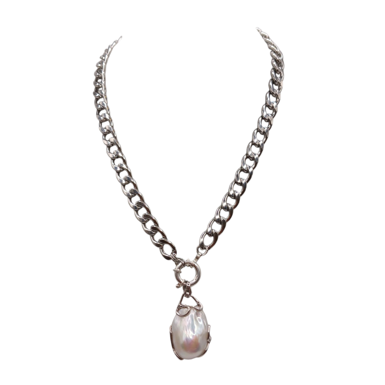 Collana a maglie larghe con perla scaramazza bianca pendente-modello Matilde