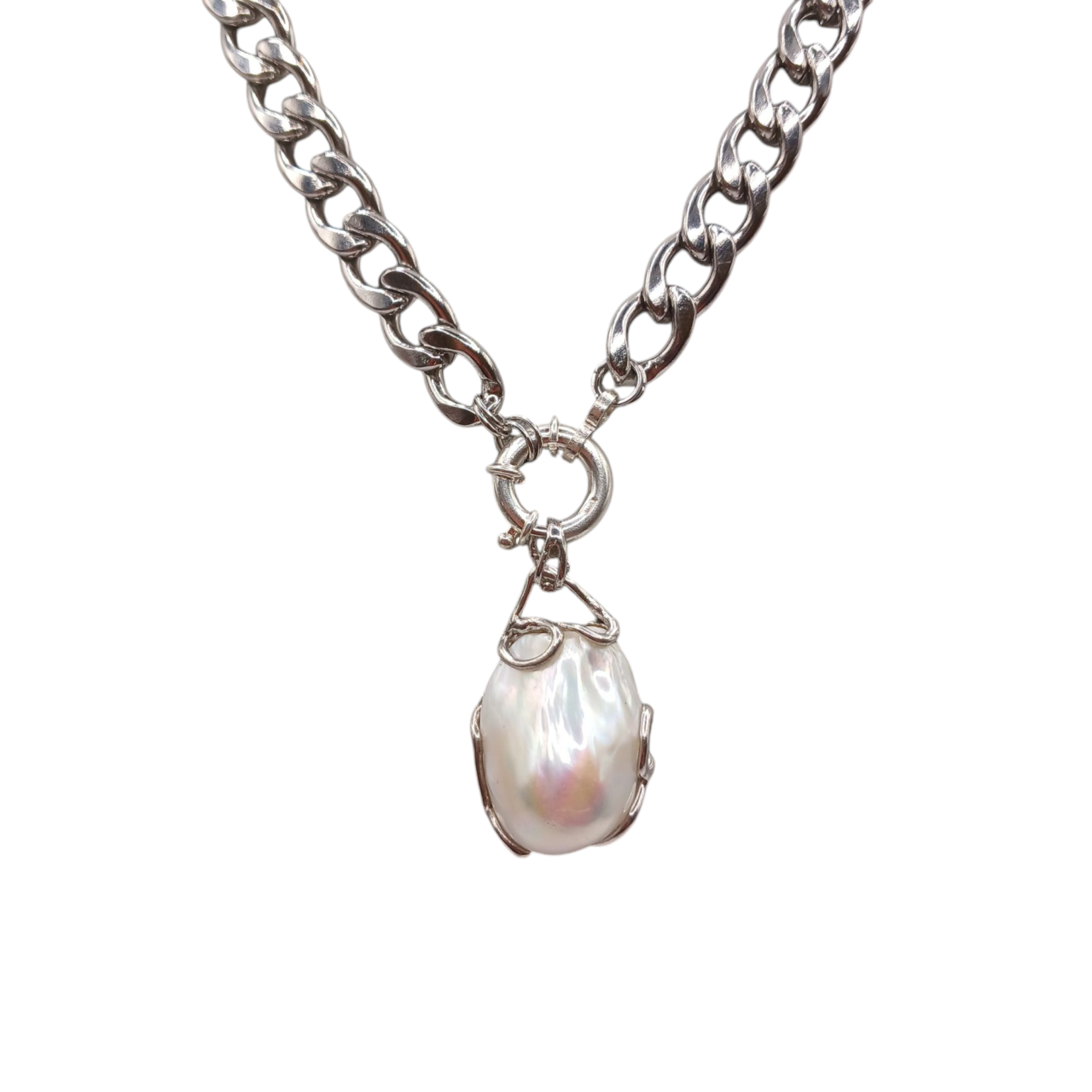 Collana a maglie larghe con perla scaramazza bianca pendente-modello Matilde