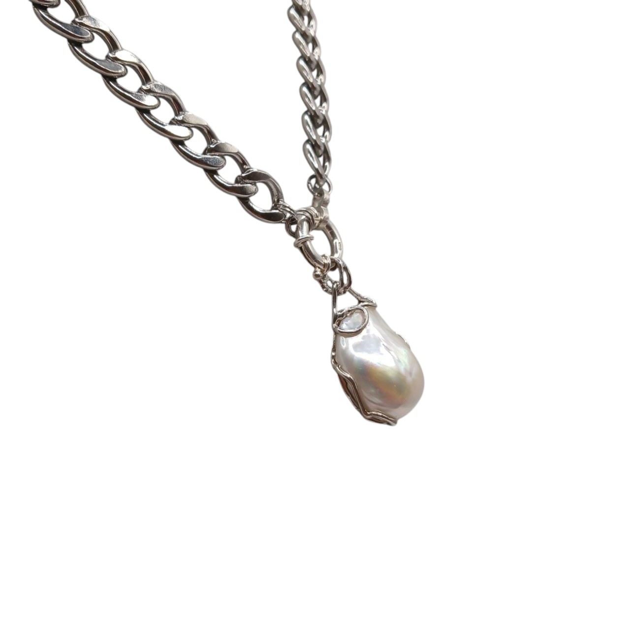 Collana a maglie larghe con perla scaramazza bianca pendente-modello Matilde
