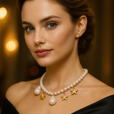 Collana con perle d’acqua dolce e perle scaramazze, ciondoli-modello Isola Santorini
