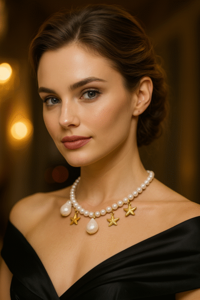 Collana con perle d’acqua dolce e perle scaramazze, ciondoli-modello Isola Santorini