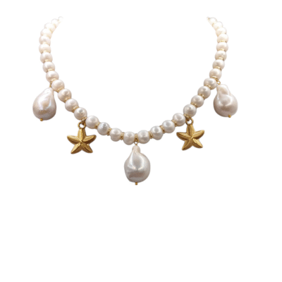 Collana con perle d’acqua dolce e perle scaramazze, ciondoli-modello Isola Santorini
