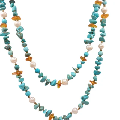 Collana Chanel con l'ambra naturale perle di fiume e chips turchese modello-Isola La Palma