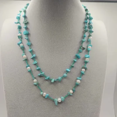 Collana Chanel con perle di fiume e chips turchese e zirconi 2 mm, modello-Isola La Gomera
