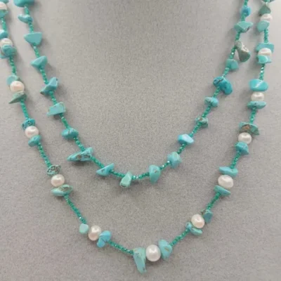 Collana Chanel con perle di fiume e chips turchese e zirconi 2 mm, modello-Isola La Gomera