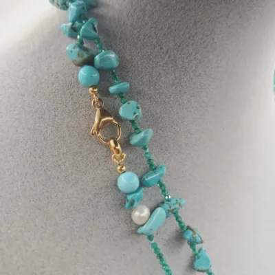 Collana Chanel con perle di fiume e chips turchese e zirconi 2 mm, modello-Isola La Gomera