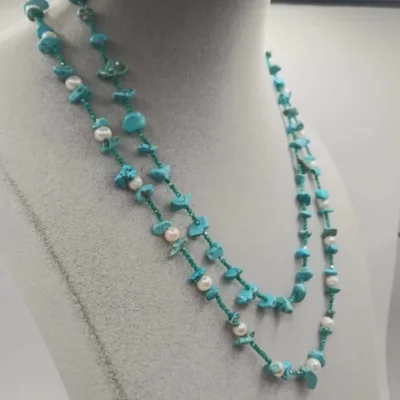 Collana Chanel con perle di fiume e chips turchese e zirconi 2 mm, modello-Isola La Gomera