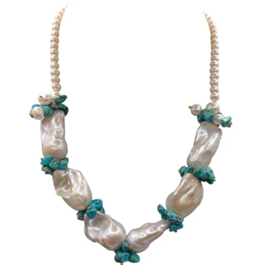 Collana con grandi perle scaramazze, perle di fiume e chips di turchese modello- Isole Tenerife