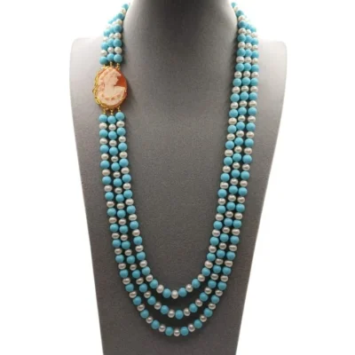 Collana con le perle di fiume, turchese, e autentico cammeo-modello Crociera Fiordi