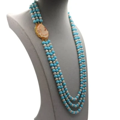 Collana con le perle di fiume, turchese, e autentico cammeo-modello Crociera Fiordi