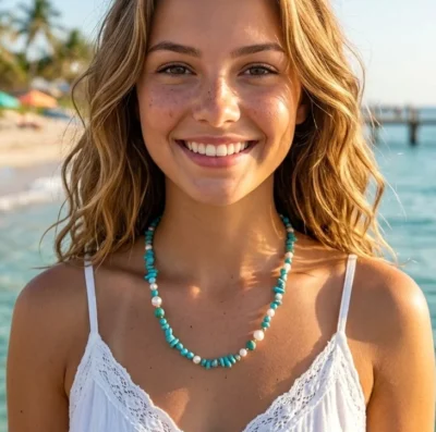 collana con perle di fiume e pietre naturali turchesi modello Isola El Hierro