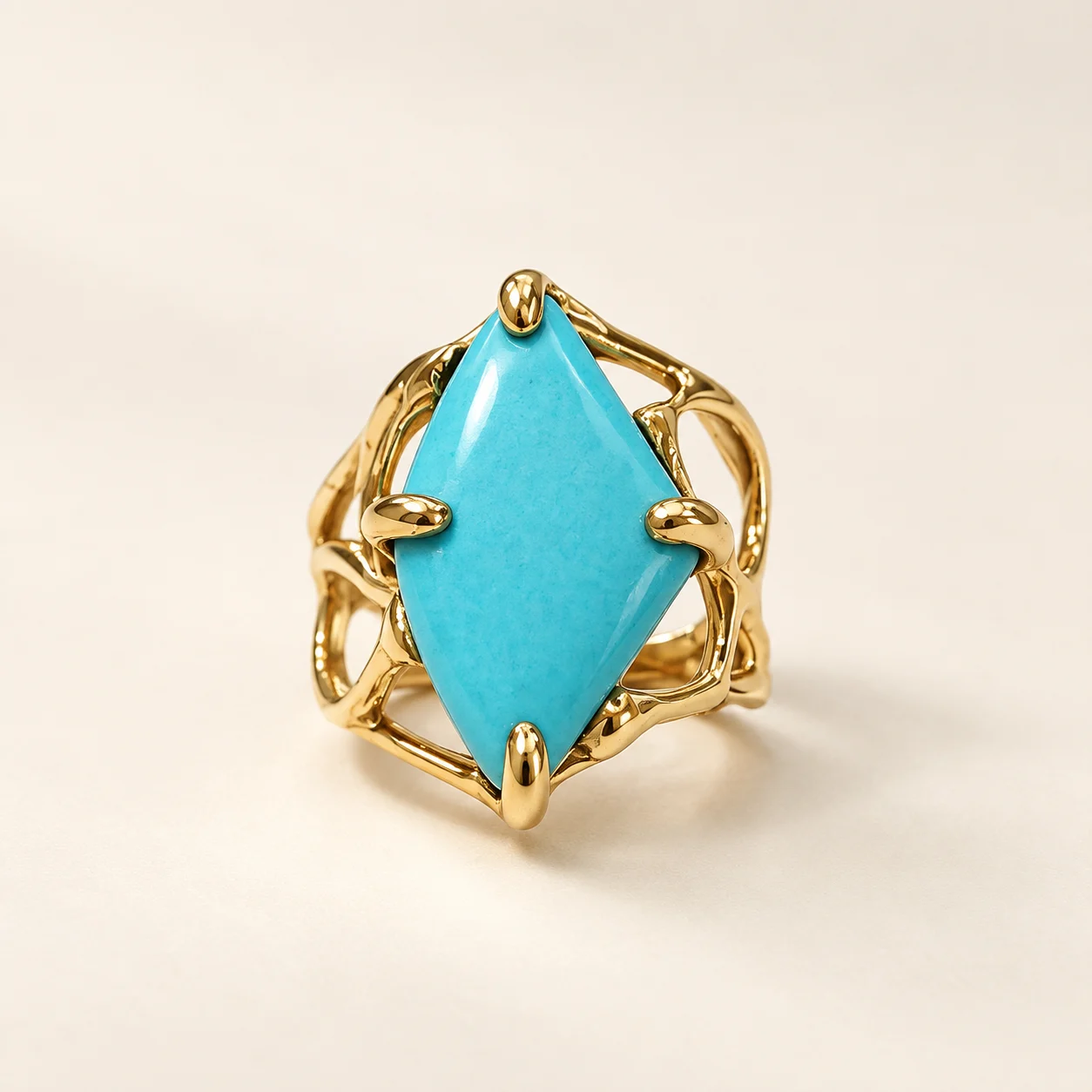 Anello artigianale in argento 925 placcato oro 24K con autentico Turchese dell’Arizona, modello 13