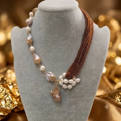 Collana Asimmetrica con le perle scaramazze multicolor e di fiume e spinello marrone naturale