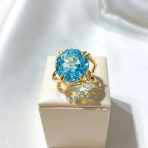 Anello grande con topazio azzurro cielo, taglio tondo, in argento sterling, solitario-modello 21