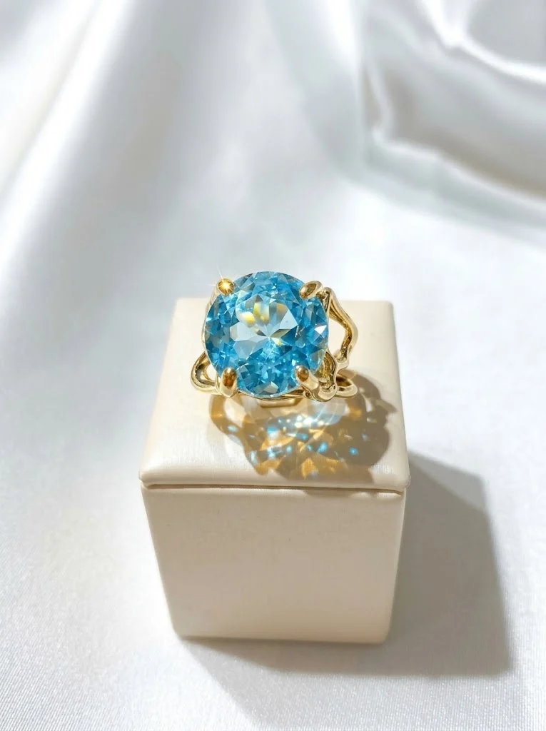 Anello grande con topazio azzurro cielo, taglio tondo, in argento sterling, solitario-modello 21