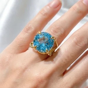 Anello grande con topazio azzurro cielo, taglio tondo, in argento sterling, solitario-modello 21