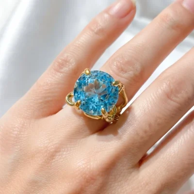 Anello grande con topazio azzurro cielo, taglio tondo, in argento sterling, solitario-modello 21