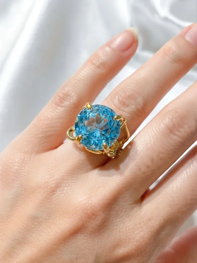 Anello grande con topazio azzurro cielo, taglio tondo, in argento sterling, solitario-modello 21