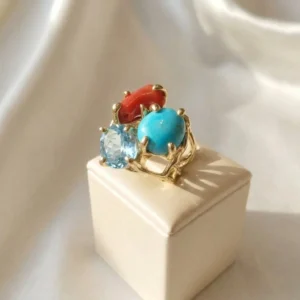Anello in autentico Turchese dell'Arizona, corallo e topazio azzurro modello-numero 19