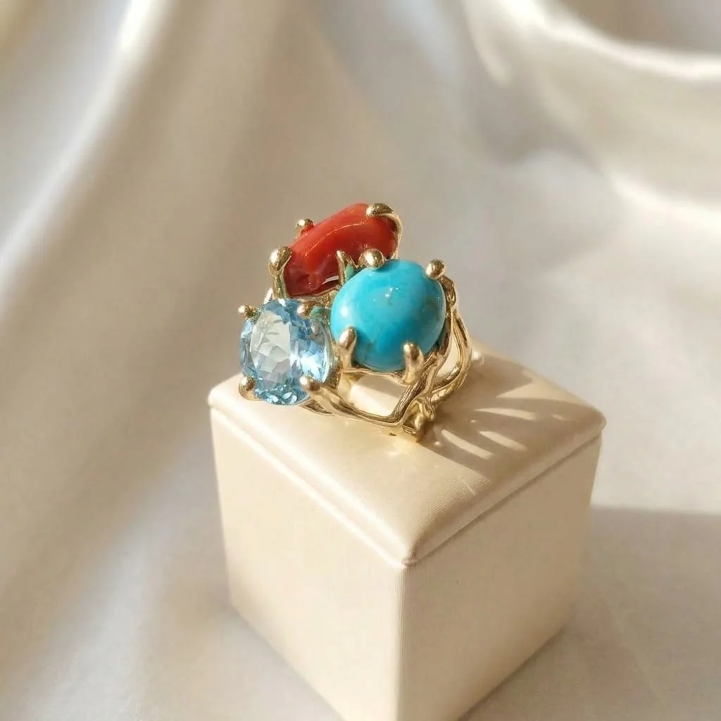 Anello in autentico Turchese dell'Arizona, corallo e topazio azzurro modello-numero 19