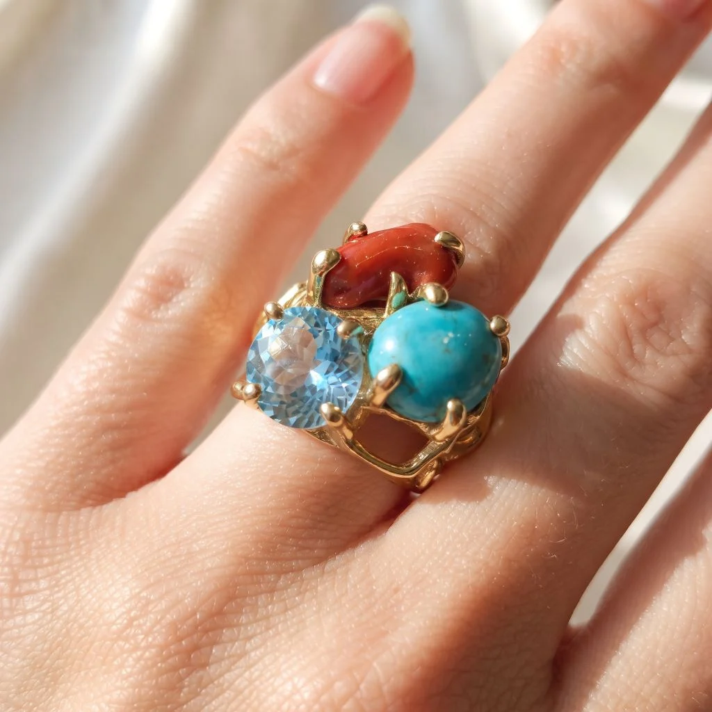 Anello in autentico Turchese dell'Arizona, corallo e topazio azzurro modello-numero 19