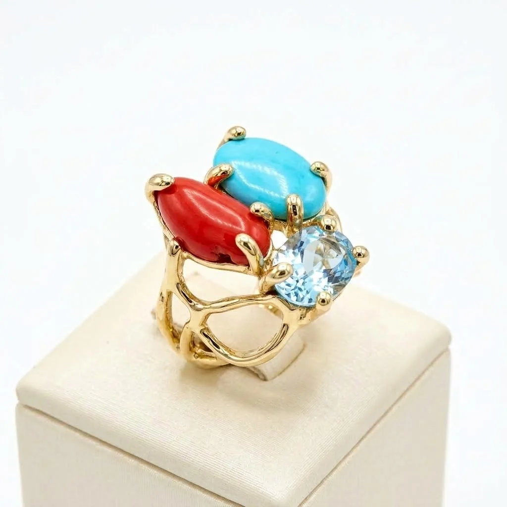 Anello in autentico Turchese dell'Arizona, coralloe topazio azzurro modello-numero 17