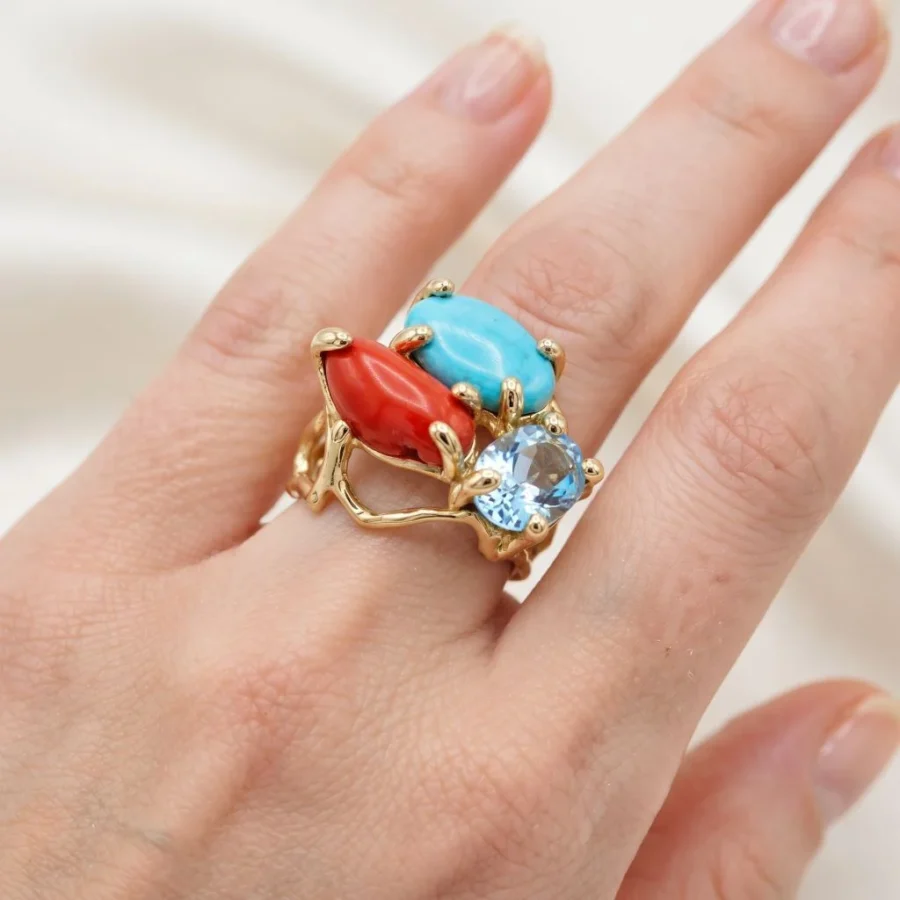 Anello in autentico Turchese dell'Arizona, coralloe topazio azzurro modello-numero 17