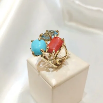 Anello in autentico Turchese dell'Arizona, coralloe topazio azzurro modello-numero 18 Anello in autentico Turchese dell'Arizona, coralloe topazio azzurro modello-numero 18